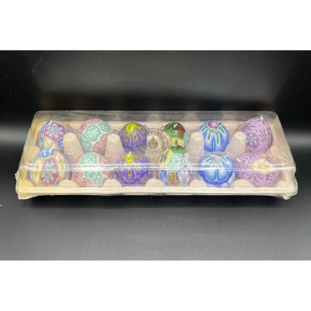 Tiffany EGG Candles ~ Flowers Lady Bugs‎ Tie Dye Retro ~ NEW in Sealed Container